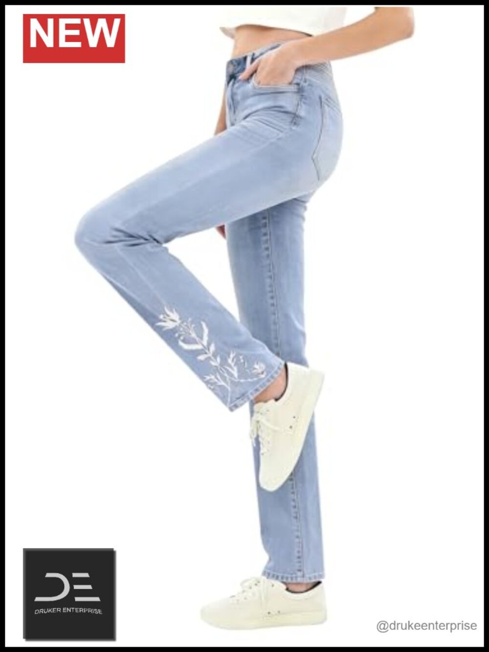 Women's Mid Rise Straight Leg Jeans with Floral Embroidery